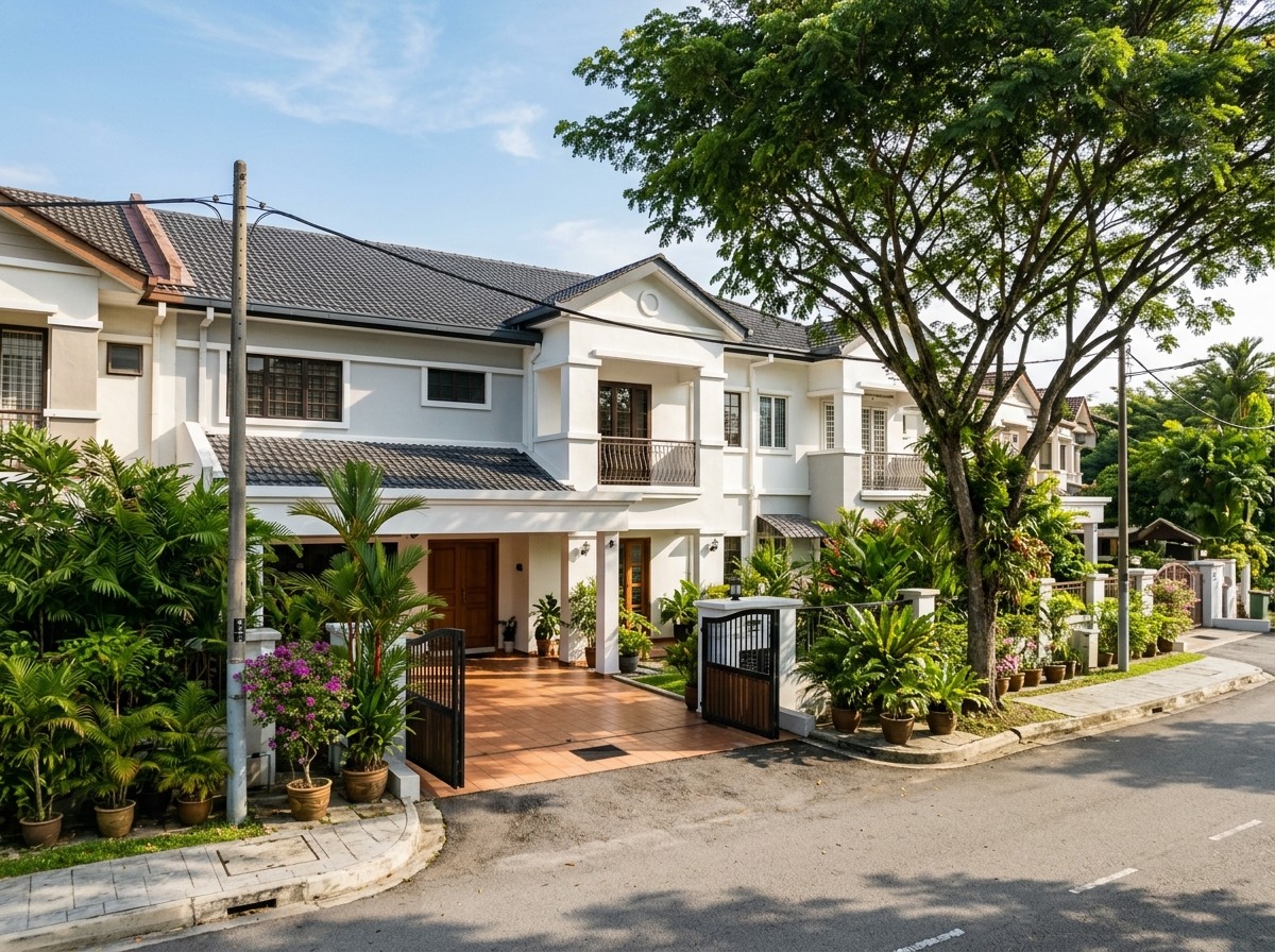 A row of two-storey link houses on a quiet suburban street, with gardens and mature trees