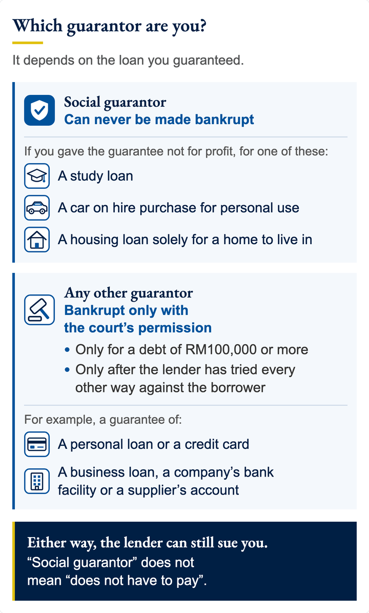 Two panels. A social guarantor, who guaranteed not for profit a study loan, a car on hire purchase for personal use or a housing loan solely for a home to live in, can never be made bankrupt. Others only with the court's permission, for RM100,000 or more. Either way, the lender can still sue you.