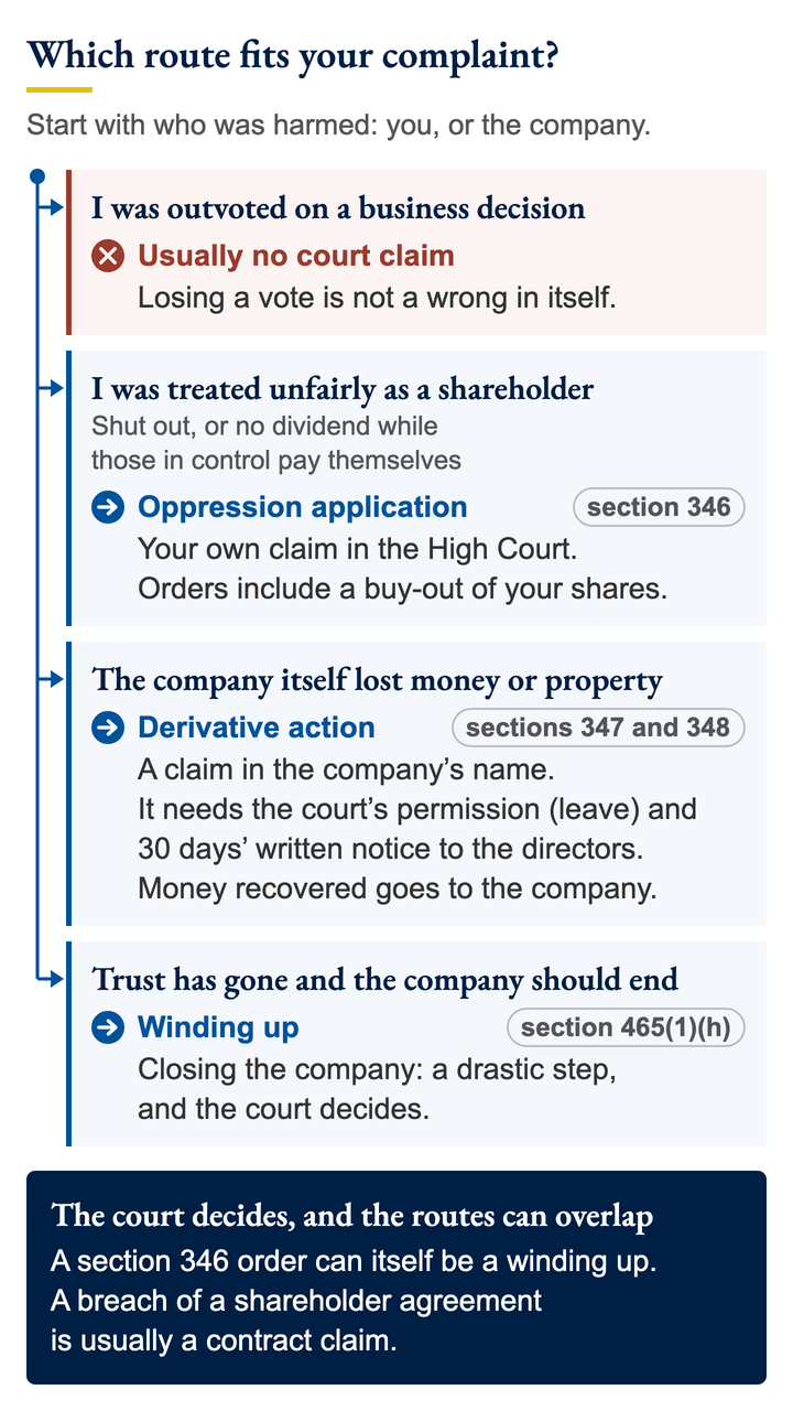 Which route fits: outvoted on a business decision, usually no court claim; treated unfairly as a shareholder, an oppression application (section 346); the company itself lost money or property, a derivative action (sections 347 and 348); trust gone, winding up. The court decides; routes can overlap.
